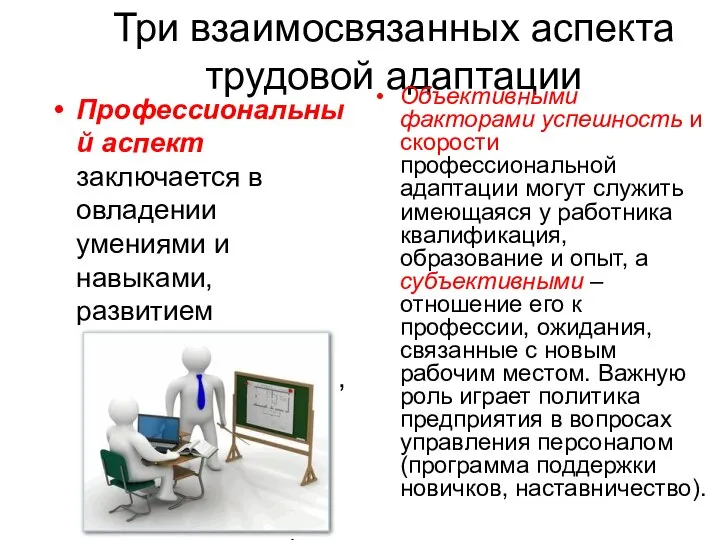 Три взаимосвязанных аспекта трудовой адаптации Профессиональный аспект заключается в овладении умениями