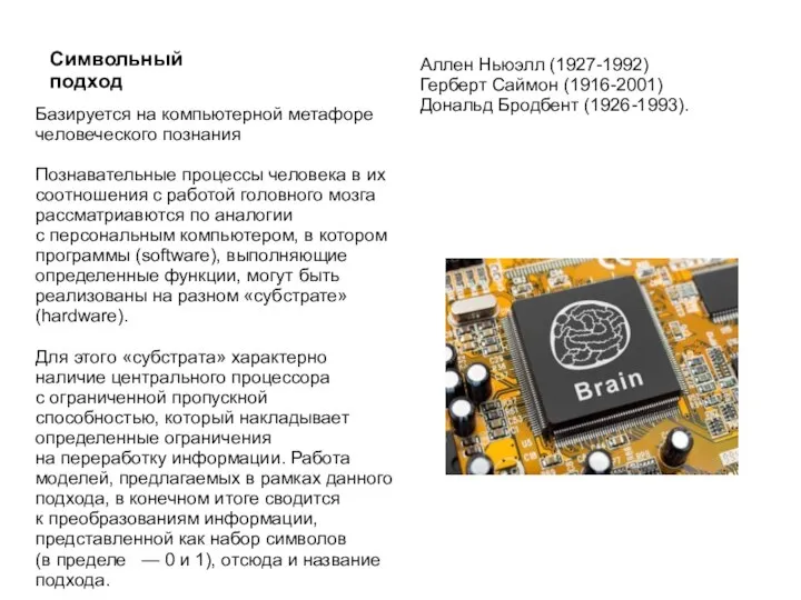 Символьный подход Базируется на компьютерной метафоре человеческого познания Познавательные процессы человека