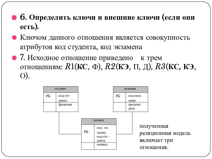 6. Определить ключи и внешние ключи (если они есть). Ключом данного