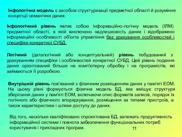 Інфологічна модель є засобом структуризації предметної області й розуміння концепції семантики