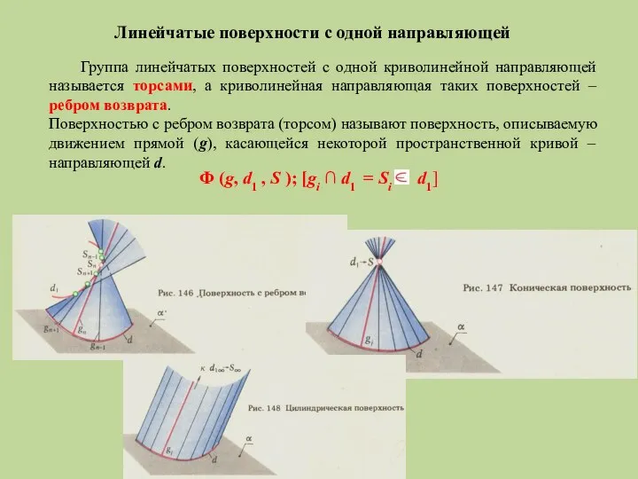 Линейчатые поверхности с одной направляющей Группа линейчатых поверхностей с одной криволинейной