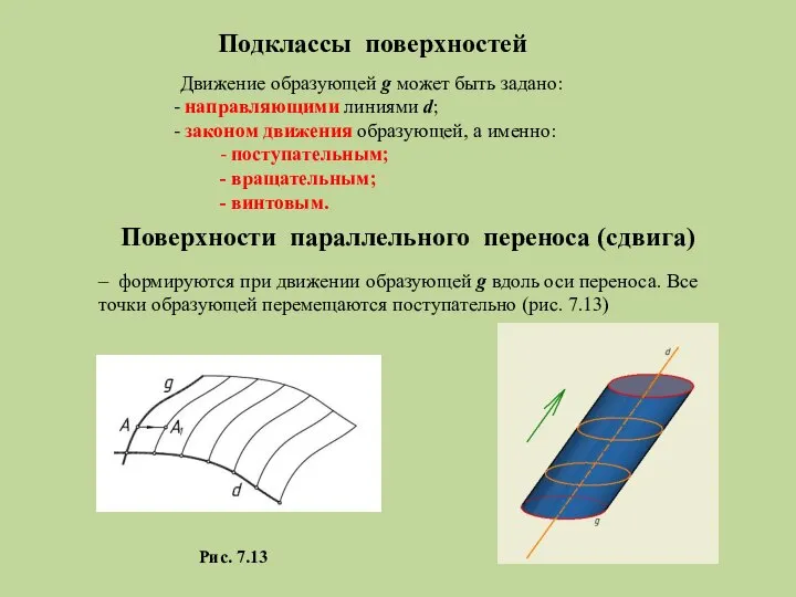 Подклассы поверхностей Движение образующей g может быть задано: направляющими линиями d;