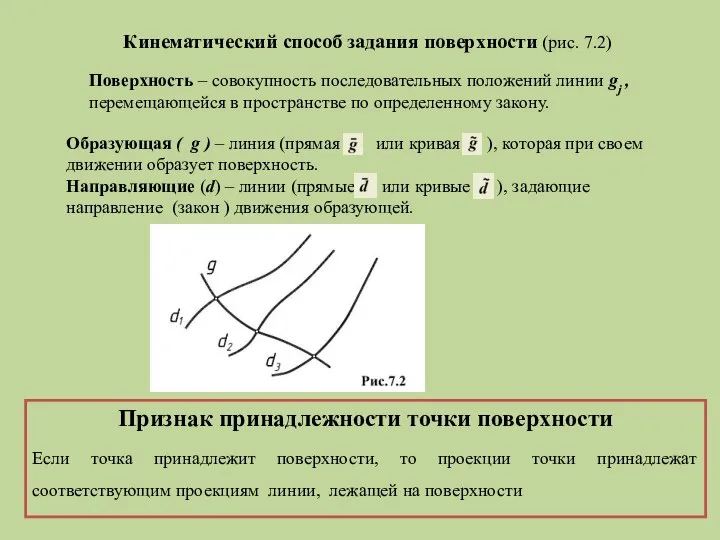 Кинематический способ задания поверхности (рис. 7.2) Поверхность – совокупность последовательных положений