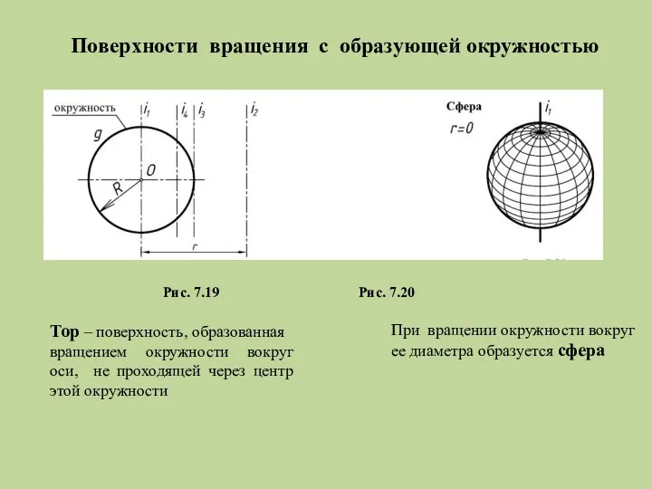 Поверхности вращения с образующей окружностью При вращении окружности вокруг ее диаметра