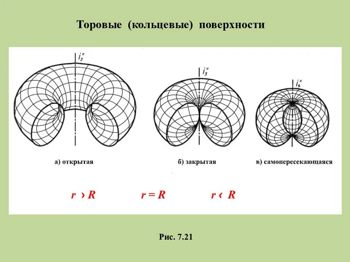 Торовые (кольцевые) поверхности r › R r = R r ‹ R Рис. 7.21