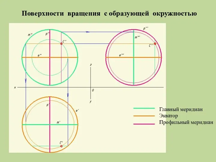 Поверхности вращения с образующей окружностью Главный меридиан Экватор Профильный меридиан