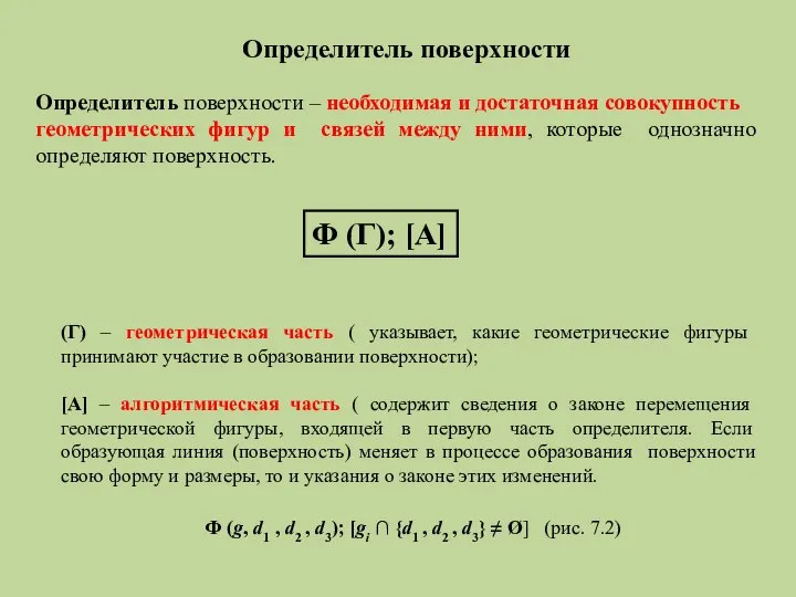 Определитель поверхности Определитель поверхности – необходимая и достаточная совокупность геометрических фигур