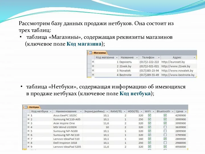 Рассмотрим базу данных продажи нетбуков. Она состоит из трех таблиц: таблица