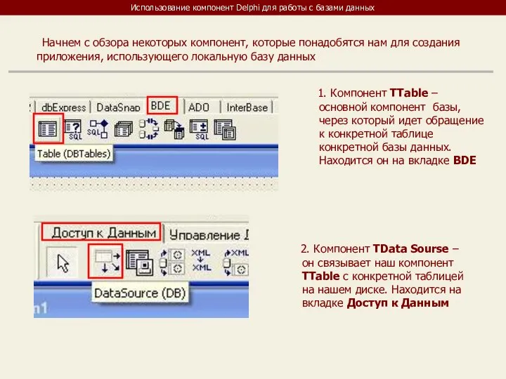 Использование компонент Delphi для работы с базами данных Начнем с обзора