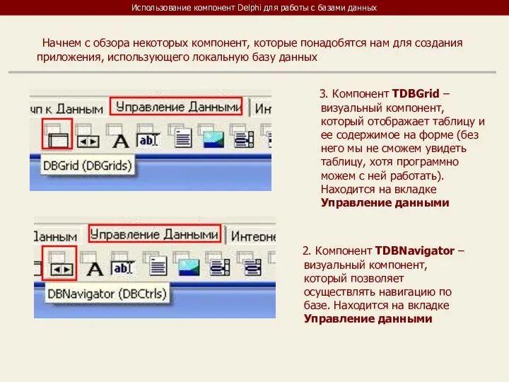 Использование компонент Delphi для работы с базами данных Начнем с обзора