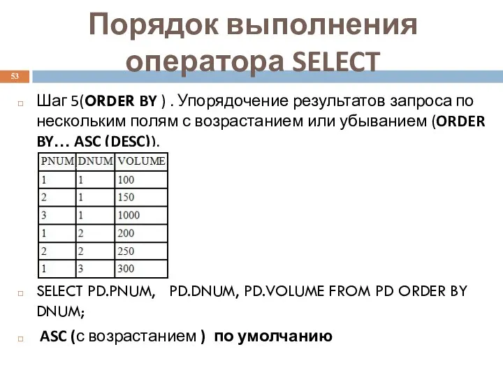 Шаг 5(ORDER BY ) . Упорядочение результатов запроса по нескольким полям