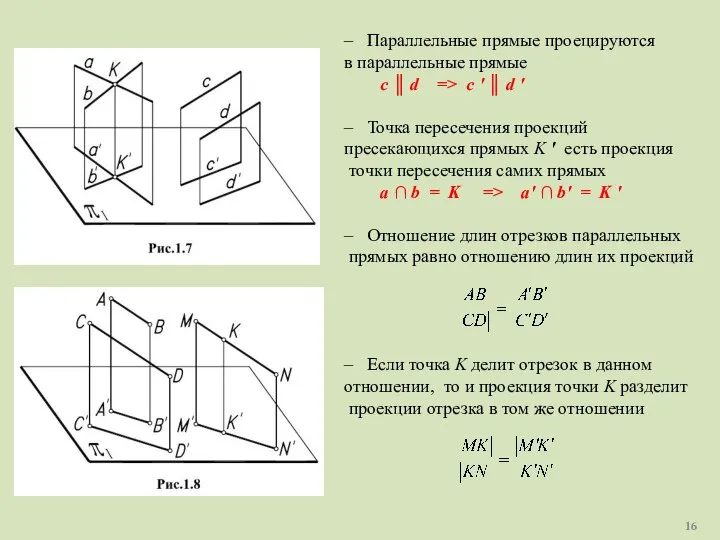 – Параллельные прямые проецируются в параллельные прямые c ║ d =>