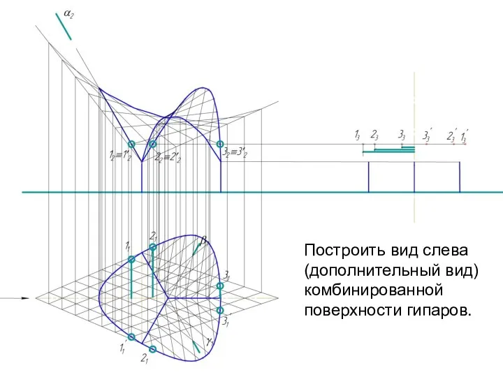 Построить вид слева (дополнительный вид) комбинированной поверхности гипаров.