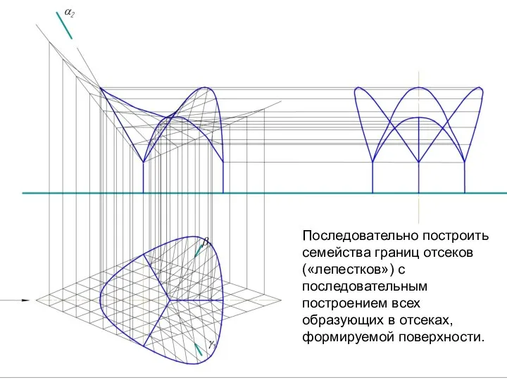 Последовательно построить семейства границ отсеков («лепестков») с последовательным построением всех образующих в отсеках, формируемой поверхности.