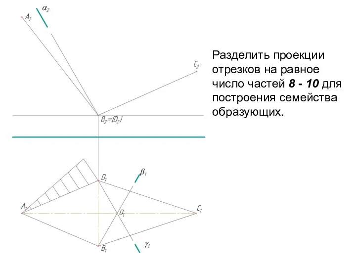 Разделить проекции отрезков на равное число частей 8 - 10 для построения семейства образующих.