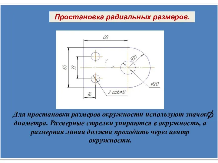 Простановка радиальных размеров. Для простановки размеров окружности используют значок диаметра. Размерные