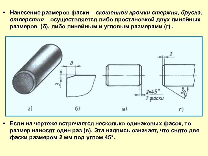 Нанесение размеров фаски – скошенной кромки стержня, бруска, отверстия – осуществляется