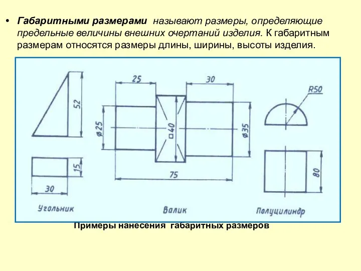 Габаритными размерами называют размеры, определяющие предельные величины внешних очертаний изделия. К