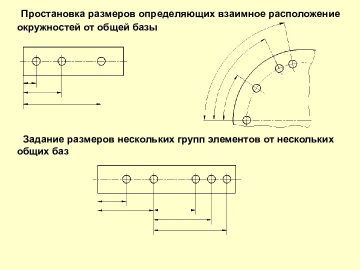 Простановка размеров определяющих взаимное расположение окружностей от общей базы Задание размеров