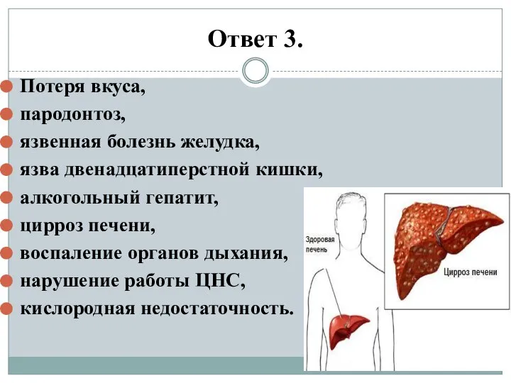 Ответ 3. Потеря вкуса, пародонтоз, язвенная болезнь желудка, язва двенадцатиперстной кишки,