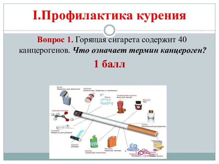 I.Профилактика курения Вопрос 1. Горящая сигарета содержит 40 канцерогенов. Что означает термин канцероген? 1 балл