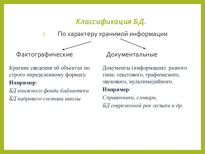 Классификация БД. По характеру хранимой информации Фактографические Документальные