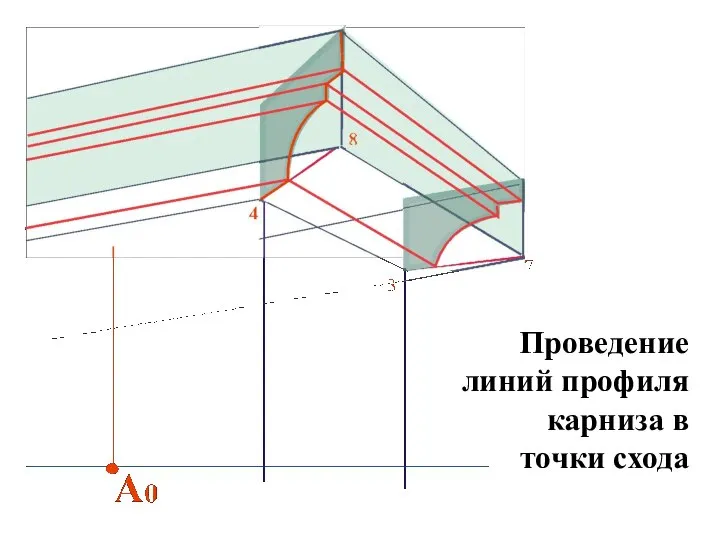 Проведение линий профиля карниза в точки схода