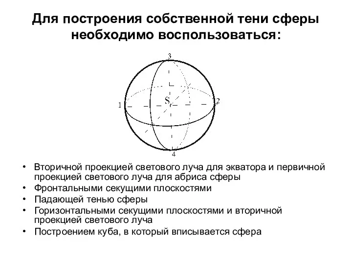 Для построения собственной тени сферы необходимо воспользоваться: Вторичной проекцией светового луча