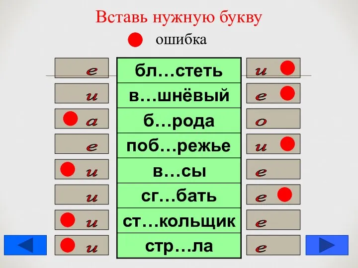 Вставь нужную букву ошибка е и и е а о е