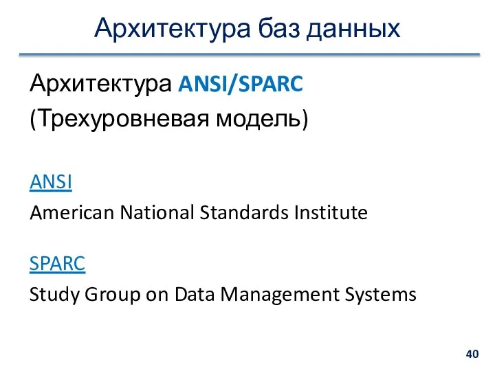 Архитектура баз данных Архитектура ANSI/SPARC (Трехуровневая модель) ANSI American National Standards