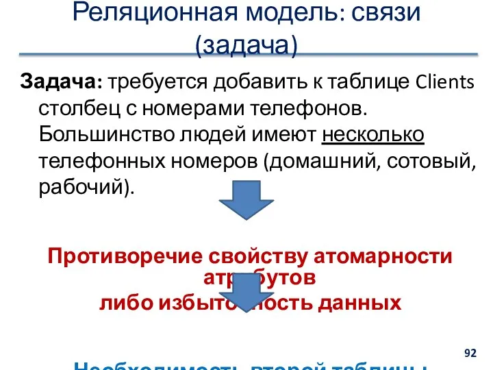 Реляционная модель: связи (задача) Задача: требуется добавить к таблице Clients столбец