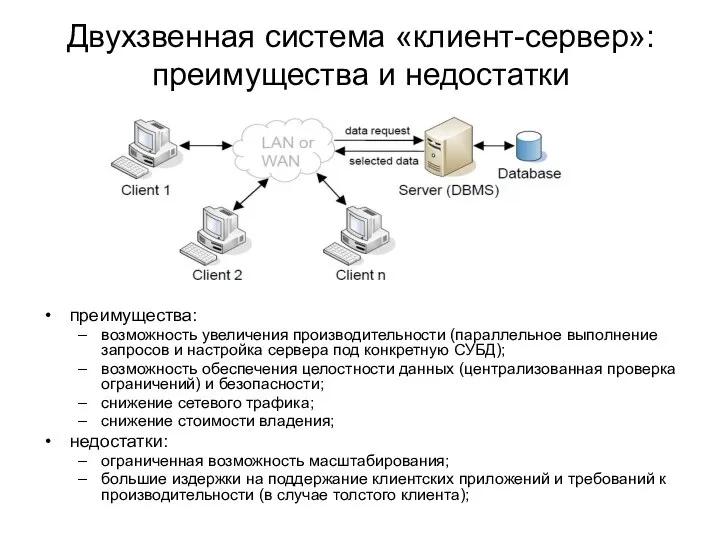 Двухзвенная система «клиент-сервер»: преимущества и недостатки преимущества: возможность увеличения производительности (параллельное