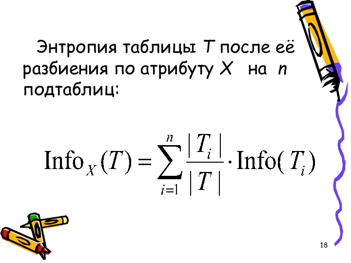 Энтропия таблицы T после её разбиения по атрибуту X на n подтаблиц: