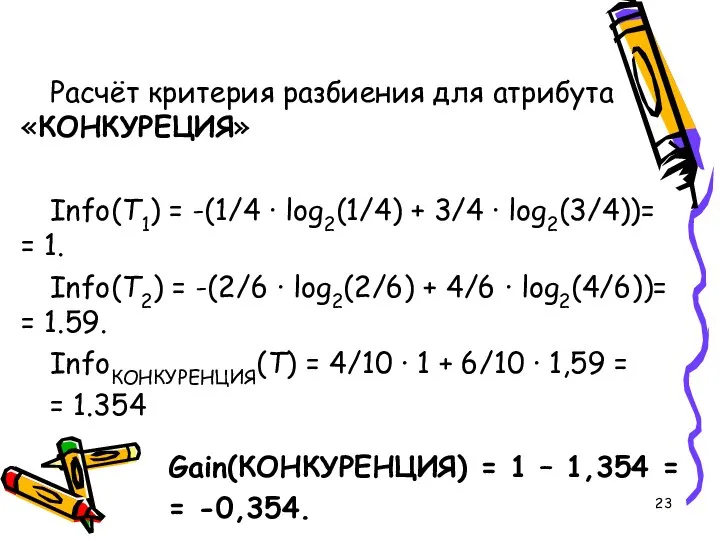 Расчёт критерия разбиения для атрибута «КОНКУРЕЦИЯ» Info(T1) = -(1/4 · log2(1/4)