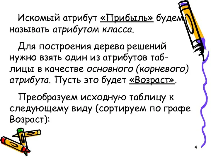 Искомый атрибут «Прибыль» будем называть атрибутом класса. Для построения дерева решений