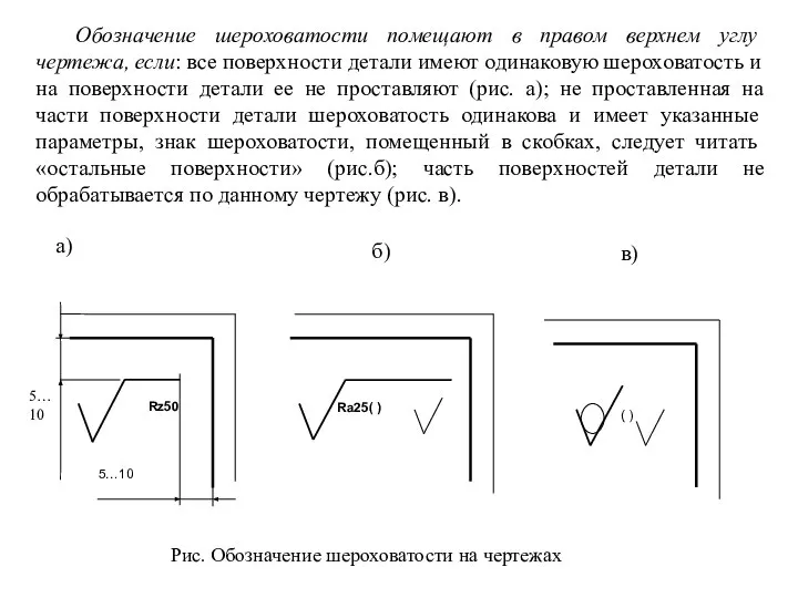 Обозначение шероховатости помещают в правом верхнем углу чертежа, если: все поверхности