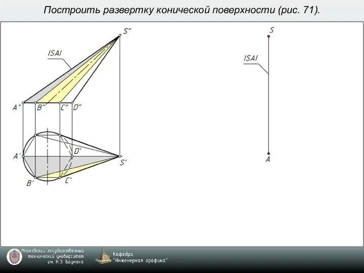 Построить развертку конической поверхности (рис. 71).