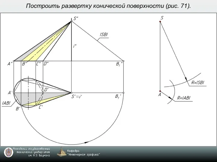 Построить развертку конической поверхности (рис. 71).