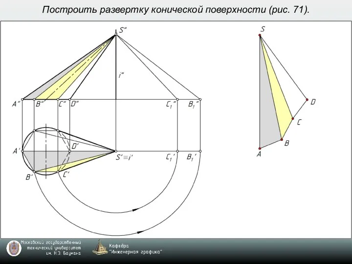 Построить развертку конической поверхности (рис. 71).