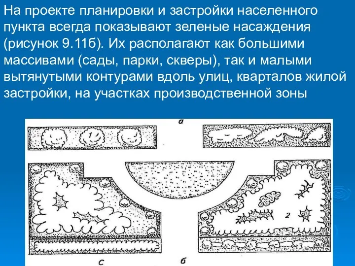 На проекте планировки и застройки населенного пункта всегда показывают зеленые насаждения