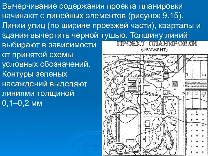 Вычерчивание содержания проекта планировки начинают с линейных элементов (рисунок 9.15). Линии