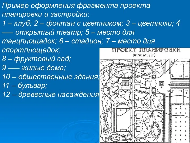 Пример оформления фрагмента проекта планировки и застройки: 1 – клуб; 2