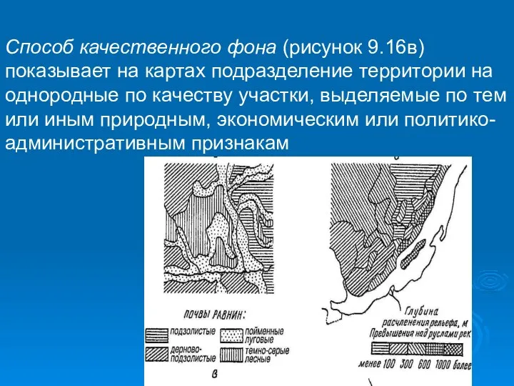 Способ качественного фона (рисунок 9.16в) показывает на картах подразделение территории на