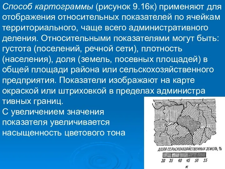 Способ картограммы (рисунок 9.16к) применяют для отображения относительных показателей по ячейкам