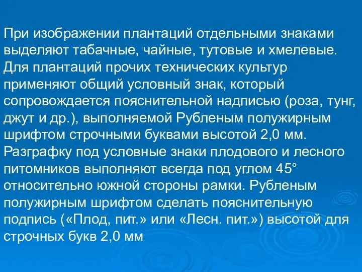 При изображении плантаций отдельными знаками выделяют табачные, чайные, тутовые и хмелевые.