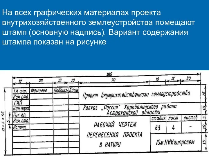 На всех графических материалах проекта внутрихозяйственного землеустройства помещают штамп (основную надпись).