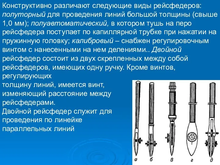 Конструктивно различают следующие виды рейсфедеров: полуторный для проведения линий большой толщины