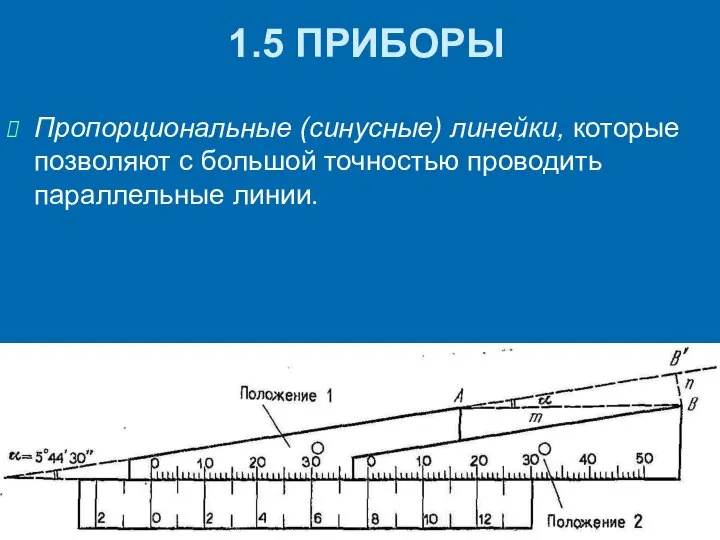 1.5 ПРИБОРЫ Пропорциональные (синусные) линейки, которые позволяют с большой точностью проводить параллельные линии.