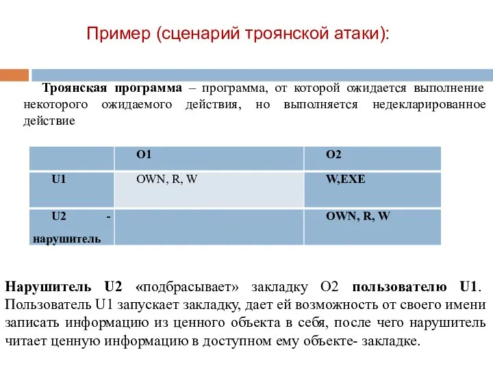 Пример (сценарий троянской атаки): Троянская программа – программа, от которой ожидается