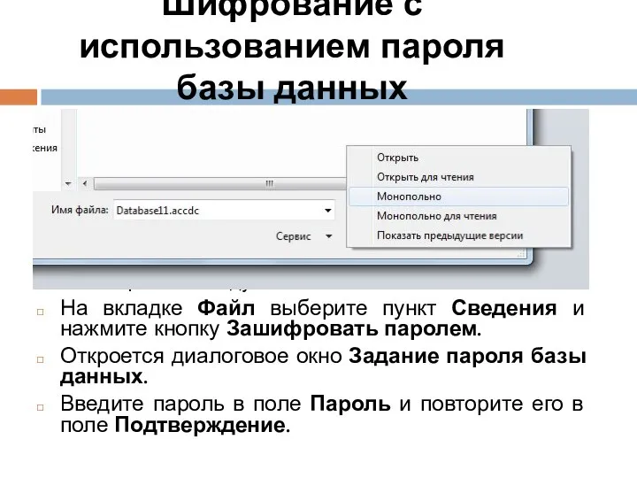 Шифрование с использованием пароля базы данных Откройте в монопольном режиме базу